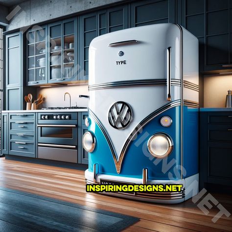 These Volkswagen Bus Shaped Kitchen Appliances Make Your Kitchen a Blast from the Past Bus Kitchen, Vintage Volkswagen Bus, Vw Ideas, Volkswagen Type 2, Desain Pantry, Vintage Vw Bus, Car Furniture, The Beetle, Vintage Volkswagen