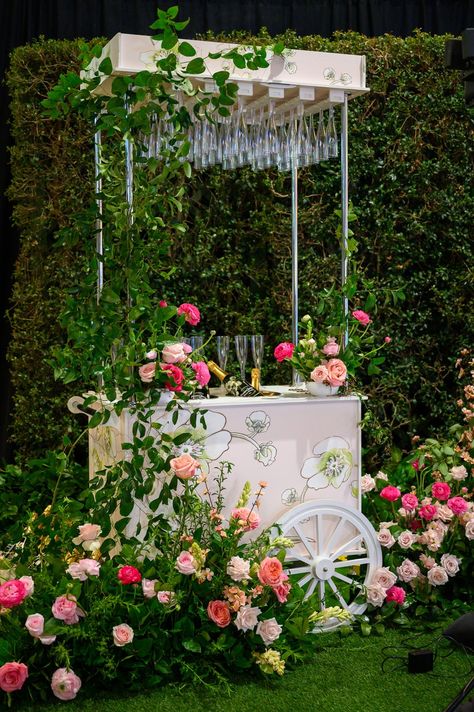 Perrier Jouet Super Bowl activation, custom champagne cart with branding, white floral accents, champagne entrance at event Champagne Garden Party, Champagne Activation, Floral Bar Cart, Champagne Cart Ideas, Champagne Cart Wedding, Bridal Shower Diy Decorations, Mimosa Cart, Champagne Event, Floral Cart