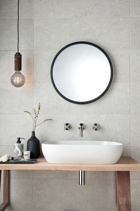 Ensuite Toilet, British Bathroom, Johnson Tiles, Wall Hung Sink, Edge Products, Nickel Bathroom, Wallpaper Boho, Bathroom Ensuite, Brushed Nickel Bathroom