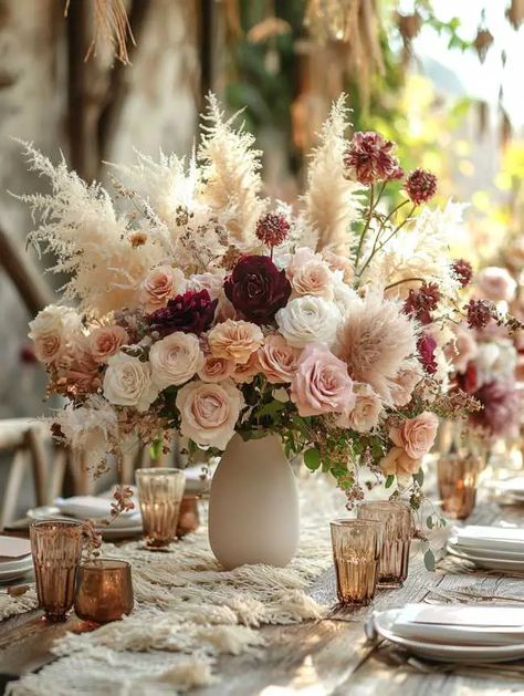 Top 37 Wedding Centerpieces Fall Flower Arrangements Ideas Wooden Flower Arrangements, Unique Wedding Centerpiece Ideas, Rustic Wedding Flower Arrangements, Burgundy Flower Arrangements, Rustic Fall Wedding Centerpieces, Fall Arrangements Floral Design, Fall Wedding Flower Arrangements, Wedding Table Flower Arrangements, Wedding Centerpieces Fall