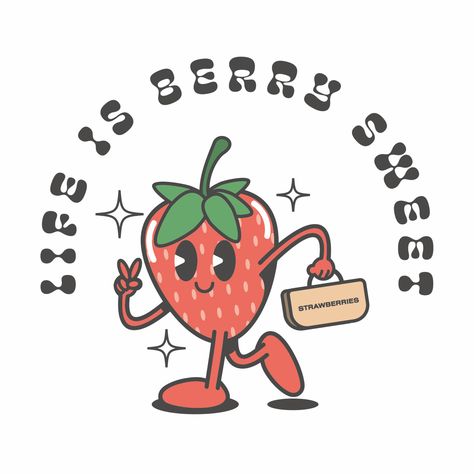 Strawberry Character Illustration, Retro Fruit Illustration, Strawberry Character Design, Strawberry Character, Strawberry Cartoon, Retro Strawberry, Strawberry Drawing, Semi Realism, Small Business Packaging Ideas