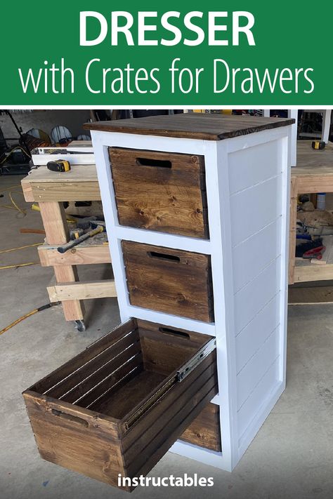 Diy Basket Drawers, Diy Dresser Build Easy, Diy Furniture Build, White And Wood Dresser Diy Projects, Diy Multipurpose Furniture, Diy Crate Shelf, Crate Drawers, Diy Dresser Build, Woodworking Projects Simple