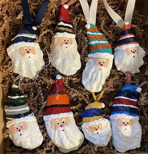 Team Santa Oyster Ornaments Oyster Shell Santa, Oyster Shells Diy, Oyster Ornament, Oyster Shell Crafts, Shells Diy, Seashell Ornaments, Painted Hats, Sea Crafts, Painted Shells