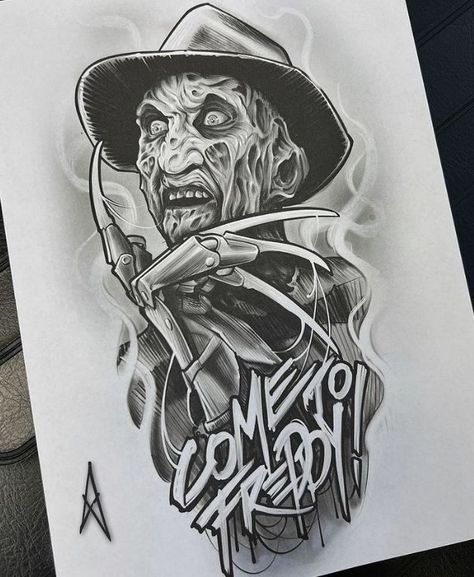 Horror Sleeve Tattoo Ideas, Horror Movie Tattoos Ideas Drawing, Evil Tattoo Designs, Horror Movie Tattoos Ideas, Horror Tattoo Stencil, Horror Movie Drawings, Horror Tattoo Designs, Horror Tattoo Design, Freddy Krueger Tattoo