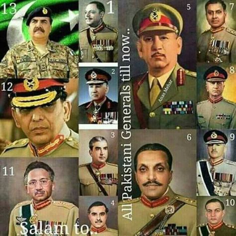 SALAAM TO ALL PAKISTANI GENERALS TILL NOW 1. Ayub Khan 2. Mohammad Musa  3. Yahya Khan  4. Gull Hassan Khan  5. Tikka Khan  6. Zia ul Haq  7. Aslam Baig  8. Asif Nawaz  9. Abdul Waheed Kakarr 10. Jahangir Karamat  11. Parvez Musharraf  12. Ashfaq Parvez Kiyani 13. Raheel Sharif        PAKISTAN ARMED FORCES               #PakistanArmy Parvez Musharraf, Zia Ul Haq, Yahya Khan, Army Lover, Pakistan Armed Forces, Pak Army, Pakistan Army, Army Pics, General Knowledge Book