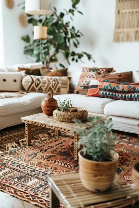 Incorporating Bohemian Decor into a Rustic Home Global Bohemian Living Room, Cozy Eclectic Home, Rustic Southwest Decor, Eclectic Boho Living Room, Diy Bohemian Decor, Global Bohemian, Painted Terracotta Pots, Boho Hippie Home, Bohemian Style Interior Design