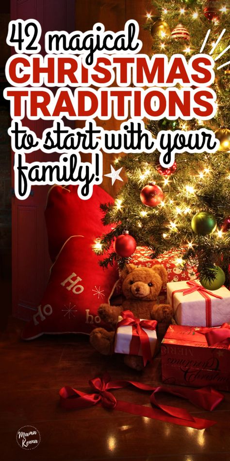 christmas tree with text saying christmas traditions to start with your family Family Advent Calendar Activities, Simple Christmas Traditions, Family Christmas Traditions To Start, Christmas Traditions With Kids, Christmas Eve Ideas Family, Cute Christmas Traditions, Magical Christmas For Kids, Fun Christmas Activities For Families, Magical Christmas Ideas