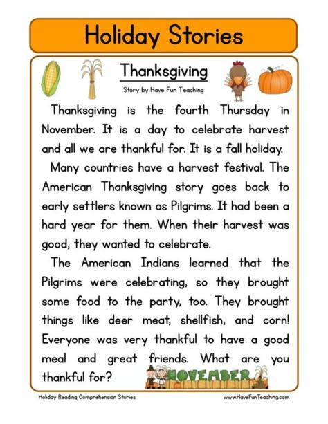 Thanksgiving Worksheets - Have Fun Teaching Thanksgiving Reading Activities, Holiday Reading Comprehension, Thanksgiving Reading Comprehension, Christmas Reading Comprehension, Free Reading Comprehension Worksheets, Thanksgiving Readings, Teaching Thanksgiving, Holiday Reading, Thanksgiving Stories