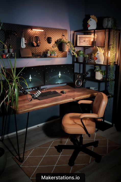 Moody Desk Setup Studio Seni, Reka Bentuk Bilik Tidur, Desk Setups, Home Studio Setup, Bedroom Setup, Game Room Design, Home Office Setup, Room Setup, Desk Setup