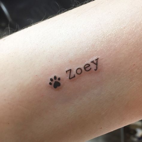 Matching Tattoos For Coworkers, Dogs Tattoo Ideas For Women, Small Tattoos About My Dog, Dog Birthday Tattoo, Dog Tribute Tattoo Small Lab, Animal Name Tattoos, Dog Names Tattoo Ideas, Small Dog Memorial Tattoo Ideas, Tattoo Ideas For Lost Pets