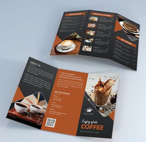 Drink Brochure Design, Brochure Coffee Design, Coffee Brochure Design Ideas, Trifold Brochure Design Layout Creative, Coffee Shop Brochure, Cafe Brochure, Creative Brochure Design Ideas, Coffee Brochure, Product Brochure Design