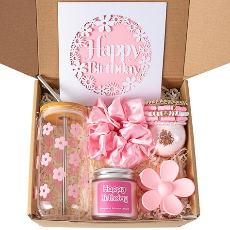 PRICES MAY VARY. What's In The Box: This thoughtfully curated gift set includes a 16oz retro flowers coffee glass cup with a bamboo lid and straw, a HAPPY BIRTHDAY candle, a bath bomb, a flower hair clip, a silk scrunchie, a set of clay beaded bracelets, a paper cut happy birthday card, and a cute box package with paper filling. Happy Birthday Gift Box: Delight your mother, friend, significant other, teen girl, daughter, wife, or girlfriend with this beautifully curated birthday gift box. Unlike What To Get For A Birthday Gift, Mini Gift Baskets For Women, Birthday Gift For Friend Ideas, Birthday Packaging Ideas, Gifts To Get For Friends, Things For My Birthday, Birthday Gift For My Best Friend, Gift Box Ideas Women, Present For Friend Girl