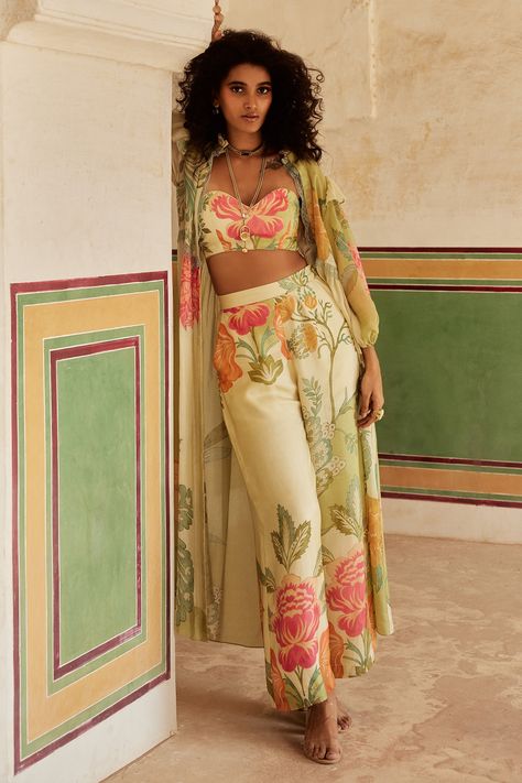 Shop for these amazing collections of Green Habutai Printed Floral Sweetheart Flower Jacket Trouser Set For Women by Paulmi and Harsh online at Aza Fashions. Floral Print Jacket, Color Composition, Airport Look, Green Pastel, Orange Jacket, Romper And Jacket, Purple Silk, Gowns With Sleeves, Pastel Floral