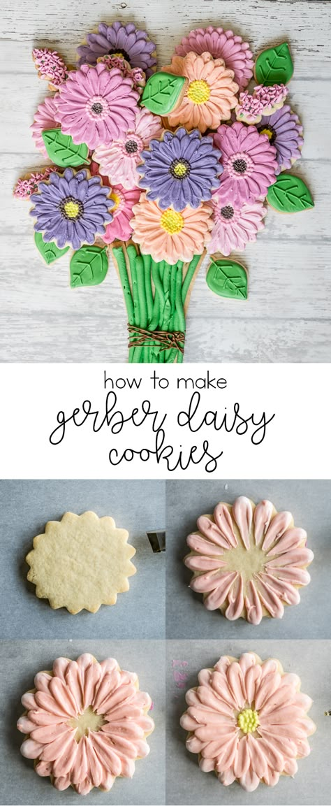 Gerber Daisy Cookies (my mother's fav flower!!) Mini Flower Cookies Decorated, Flower Cookies With Royal Icing, Cookie Flower Bouquet Royal Icing, Floral Cookie Bouquet, Mothers Day Cookie Bouquet, Pastel Flower Cookies, Royal Icing Flower Cookies Tutorial, Flower Iced Cookies, Mother’s Day Sugar Cookies Royal Icing