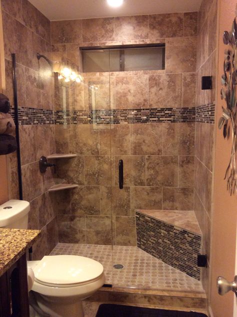 3x5 Walk In Shower With Bench, Brown Shower Tile Bathroom, Shower With Corner Seat, Brown Tile Shower, Shower Architecture, Rustic Bathroom Shower, Rustic Bathroom Remodel, Corner Seat, Bath Redo