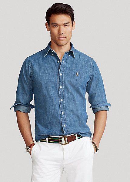 Denim Outfit Men, Fitted Denim Shirt, Plaid Suit Jacket, Ralph Lauren Slim Fit, Denim Shirt Men, Mens Fashion Casual Outfits, Ralph Lauren Jeans, Men Fashion Casual Outfits, Women Hoodies Sweatshirts