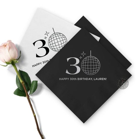 Custom Napkins Birthday, Disco 30th Birthday Party, 30th Birthday Disco, 30th Birthday Napkins, Napkins Birthday, Birthday Disco, Disco Ball Design, Hello Thirty, Hello 30