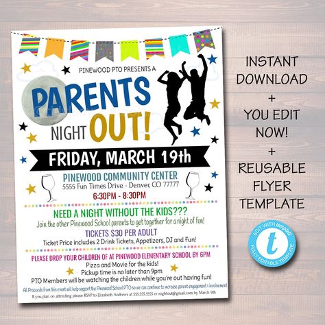 "PARENTS NIGHT OUT EVENT FLYER This printable 'PARENTS NIGHT OUT' flyer is yours to keep forever to use year after year! A great value for your school, church, Community Center, PTA, parent appreciation, fundraising events and more! NEED THE CHRISTMAS/HOLIDAY VERSION? FIND IT HERE: https://www.etsy.com/listing/1108959010/editable-christmas-parents-night-out?ref=shop_home_active_1&pro=1 *Designed for Printing at 8.5x11\" *Edit text in Templett Program (Included with purchase - see more details be Parents Night Out Flyer, Parent Appreciation, Pta Fundraising, Fun Fundraisers, Church Community, Fundraiser Event, Parent Night, School Event, Community Center