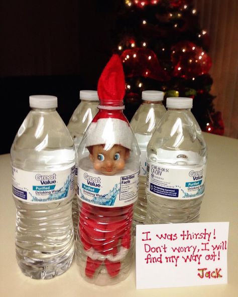 Day 11: Jack got stuck in a bottle of water! 💦#elfontheshelf #elfontheshelfideas #jacktheelfadventures #elfontheshelf2014 A Bottle Of Water, Elf Magic, Awesome Elf On The Shelf Ideas, Bottle Of Water, The Elf On The Shelf, Elf Activities, The Creeper, Xmas Elf, Elf Antics