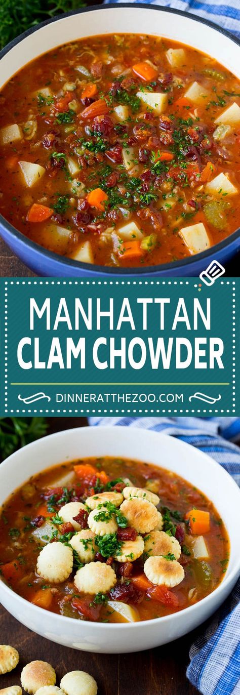 Manhattan Clam Chowder Recipe | Red Clam Chowder #chowder #soup #seafood #clams #bacon #dinner #dinneratthezoo Manhattan Clam Chowder Recipe, Slow Cooker Clam Chowder, Manhattan Clam Chowder, Clam Chowder Recipe, Bacon Potatoes, Broth Soup, Chowder Recipes Seafood, Menu Recipes, Seafood Chowder