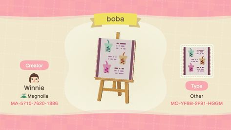 My bubble tea menu! Use on a simple panel to make a menu board! (Recolor design! Inspo from creator "india" Animal Crossing Boba Tea Shop, Acnh Boba Shop Designs, Acnh Bubble Tea Shop, Animal Crossing Bubble Tea, Acnh Menu Design, Acnh Boba Shop, Tropicore Acnh, Sign Animal Crossing, Juice Bar Menu