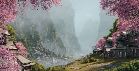 ArtStation - Japan Fantasy, Maxim Garipov Fantasy Japan, Fantasy Town, Japan Landscape, Real Anime, Landscape Concept, Chinese Landscape, Spring Landscape, Fantasy City, Fantasy Places