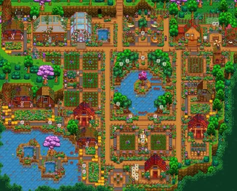 Stardew Inspiration, Farm Layouts, Stardew Ideas, Stardew Farm, Stardew Farms, Aesthetic Gaming, Stardew Valley Layout, Ipad Kid, Stardew Valley Tips