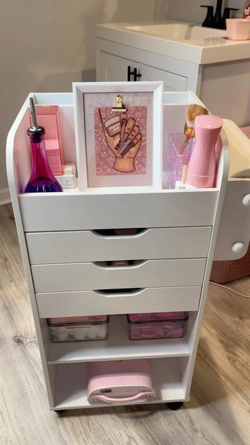 Nail Tech Desk Organization Ideas, At Home Nail Organization, Nail Supply Organization Ideas At Home, Nail Supplies Storage, Nail Tech Organization Ideas Storage, Nail Room Organization, Nail Cart Organizer Ideas, Nail Tech Storage, Nail Storage Ideas Small Spaces