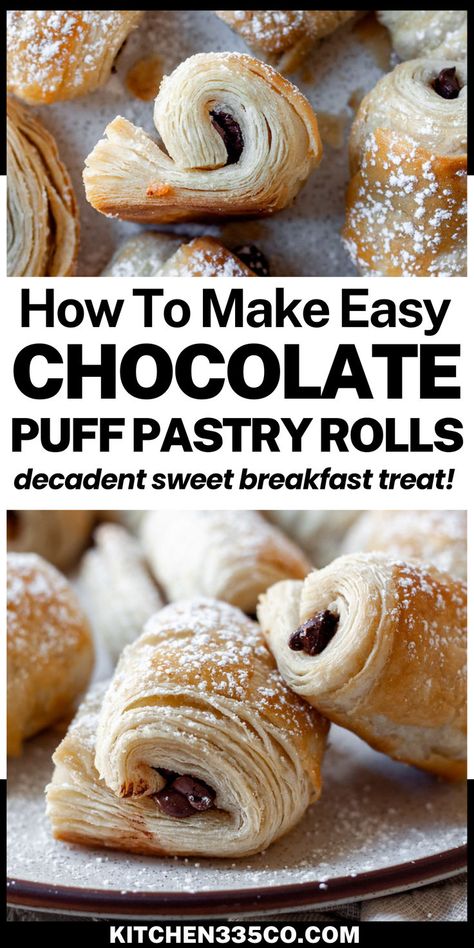 rolled puffy pastry with a ton of flaky layers wrapped around a decadent chocolate filling a dusted with powdered sugar Chocolate Puff Pastry, Puff Pastry Rolls, Puff Pastry Chocolate, Pastry Rolls, French Pastries Recipes, Fancy Chocolate, Chocolate Puff, Puff Pastries, Puff Pastry Desserts