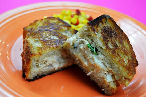 Grilled Crab & Cheese Sandwich Crab Cake Grilled Cheese, Grilled Crab Sandwich, Crab Sandwich Recipe, Sandwich And Soup, Crab Salad Sandwich, Sourdough Crust, Grilled Crab, Parsley Butter, Gourmet Seafood