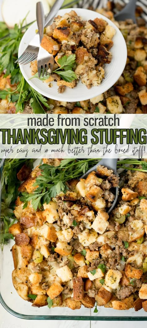 This Stuffing Recipe made from scratch is the absolute best Stuffing that will ever grace your Thanksgiving Dinner table. From the bread to the sausage and the perfectly herbed dressing, this will be everyone's favorite part of the meal! |Cooking with Karli| #stuffing #thanksgiving #stuffingrecipe #homemade French Bread Dressing Recipe, Stuffing With Homemade Bread, Best Homemade Stuffing Thanksgiving, Breakfast Sausage Stuffing Recipe, Clean Stuffing Recipe, Stuffing With Croutons Recipe, Scratch Stuffing Recipe, Best Bread Stuffing Recipe, From Scratch Stuffing