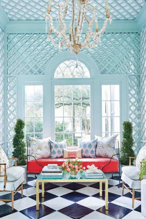 بيوت ملكية, Mill Work, Cheap Interior Design, Checkered Floor, Architecture Renovation, Greek Revival Home, Blue Floor, New Orleans Homes, Mediterranean Decor