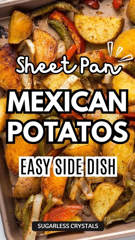 Are you ready to revolutionize your side dish game? Our Sheet Pan Mexican Potatoes are the perfect combination of crispy and soft, making them a crowd-pleaser at any dinner table. With only a handful of ingredients and minimal prep time, these potatoes are the perfect side to any Mexican-inspired dinner. Get ready to fall in love with your new favorite vegetable dish! Mexican Potato Side Dishes, Chicken Fajita Side Dish, Mexican Potato Casserole, Side Dish For Fajitas, Mexican Baked Potato, Mexican Potatoes Recipes, Mexican Vegetable Sides, Mexican Side Dishes For Parties, Sheet Pan Mexican