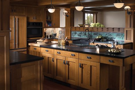 Mission Style Kitchen Cabinets, Mission Style Kitchens, Craftsman Style Kitchen, Hickory Kitchen Cabinets, Arts And Crafts Kitchen, Hickory Kitchen, Moen Kitchen Faucet, Soapstone Countertops, Craftsman Kitchen