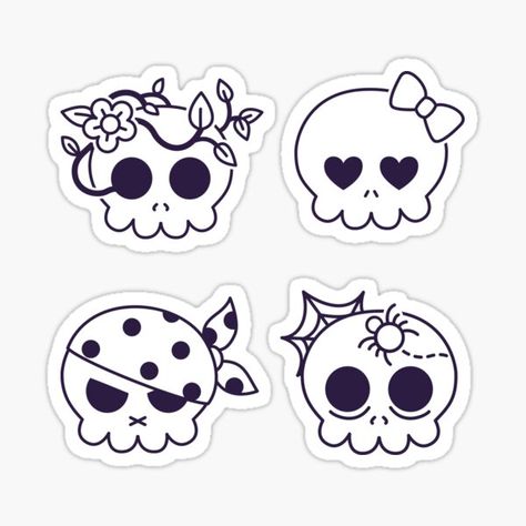 Skull Tattoos Cute, Cute Skull Doodle, Creepy Cute Stickers, Kawaii Skull Drawing, Skeleton Cute Drawing, Halloween Theme Drawings, Halloween Drawings Skeleton, Edgy Doodles Aesthetic, Cute Skull Illustration