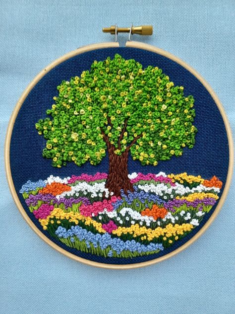 Embroidery Garden Designs, Nature Embroidery Patterns, Landscape Embroidery Ideas, Garden Embroidery Designs, Flower Garden Embroidery, Back Stitch Embroidery, Mermaid Embroidery Designs, Landscape Embroidery, Embroidery Garden