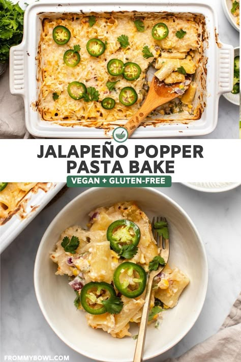 This Vegan Jalapeño Popper Pasta Bake recipe is a creamy, tangy, cheese lover’s dream! All of the elements of the classic appetizer, but as a main course! Optionally Spicy and Gluten-Free, too! Try it out tonight or take it to your next party! Wfpb Meals, Vegan Jalapeno Poppers, Vegan Casserole Recipes, Vegan Casseroles, Cheap Diet, Pasta Bake Recipe, Vegan Casserole, Food Pasta, Vegan Bacon