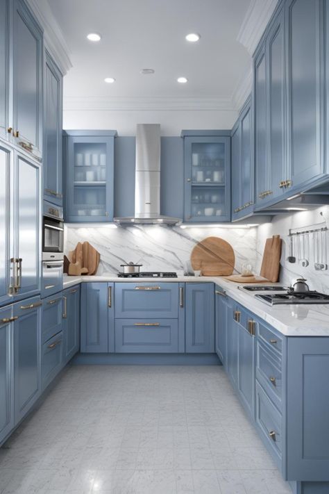 Kitchen Design Blue Cabinets, Blue Cabinets With White Countertops, Blue Marble Kitchen, Modern Kitchen Cabinet Colors, Blue And White Kitchen Ideas, Periwinkle Kitchen, Blue And Gold Kitchen, Kitchen Blue Cabinets, Blue Modern Kitchen