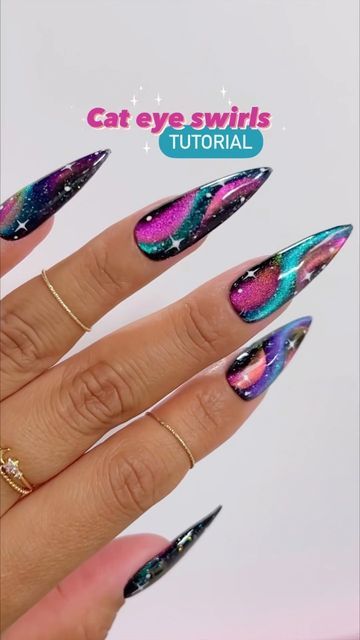 Jeanette Flores on Instagram: "The long awaited color c hanging cat eye swirls tutorial!! 🌌💫💅🏽🎥 🥵 Everything used & listed in the tutorial is from @daily_charme (code: JEN10) The chameleon cat eye charme gels are currently back in stock, but you know they won’t be for long! SAVE & SHARE for inspo! FOLLOW for more tutorials 😘 #nailitdaily #easynailart #nailsofinstagram #velvetnails #cateyenails #dailycharme #nailtrends #cartoonnails #tutorial #nailtipsandtricks #howtonails #holonails #colo Halloween Cat Eye Nails, Long Stiletto Nails, Eye Nail Art, Holo Nails, Witchy Nails, Velvet Nails, Color Changing Nails, Editing Techniques, 2024 Nails