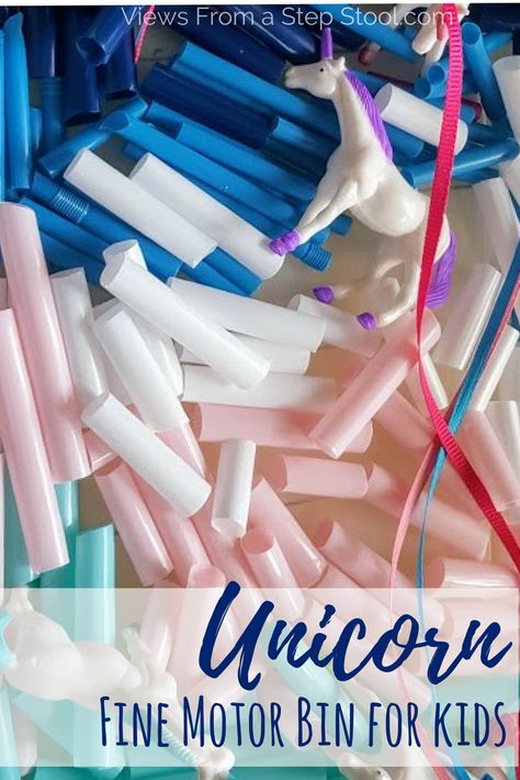 This unicorn sensory bin uses cut up straws as a base. Perfect for fine motor bead stringing and scissor practice for kids. Unicorn Sensory Bin, Preschool Unicorn Theme, Unicorn Fine Motor Activities, Unicorn Kindergarten Activities, How To Catch A Unicorn Activity, Rainbow Rice Sensory Bin Activities, Best Educational Toys, Fine Motor Activities For Kids, Unicorn Crafts