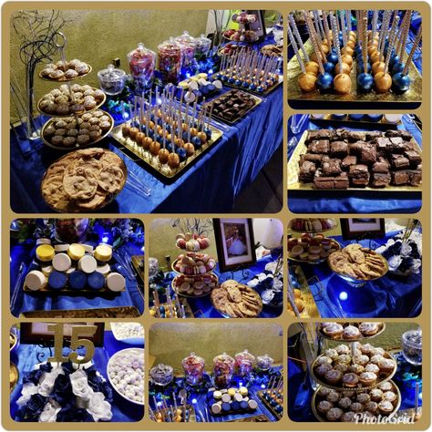 Blue Gold Graduation Party Ideas, Blue And Gold Candy Buffet, Blue And Gold Dessert Table Ideas, Dessert Table Ideas Blue And Gold, Royal Blue Candy Table, Royal Blue Snack Table, Royal Blue Dessert Table Ideas, Royal Blue Treat Table Ideas, Sweet 16 Dessert Table Ideas Blue