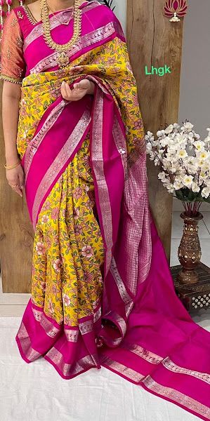 Pink Blouse Designs, Kalamkari Saree, Saree Blouses, Contrast Blouse, Bridal Gold Jewellery, Pink Blouse, Saree Collection, Pure Silk, Blouse Designs