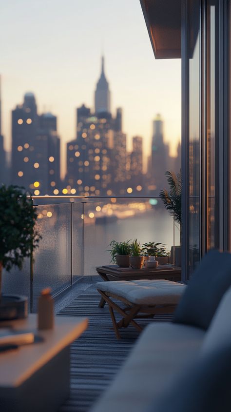 Stylish City Apartment Balcony Skyline View Apartment Water View, Rustic City Apartment, Condo With City View, City Apartment Balcony, River View Apartment, Condo View, Skyline Apartment, Apartment Views, Nyc Condo