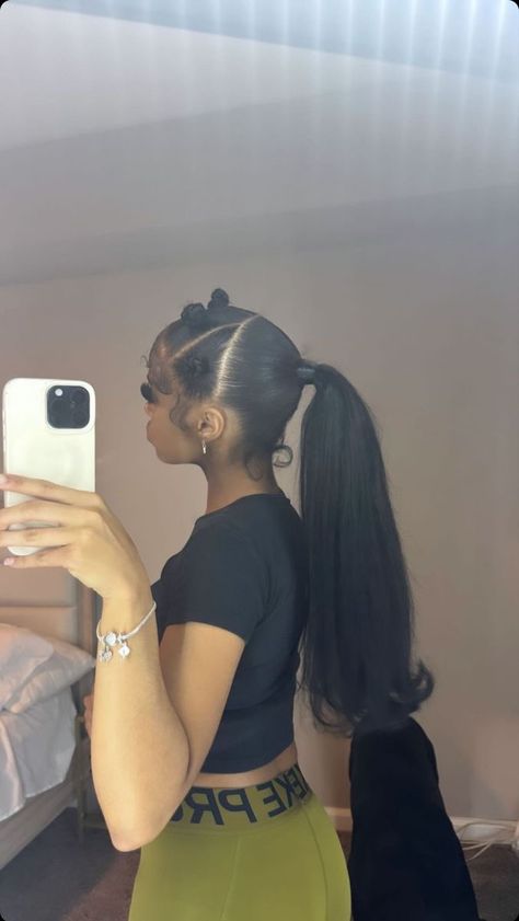 Quick Quick Weave Hairstyles, Freaknik Ponytail Hairstyles, Sleek Weave Hairstyles, 2 Braided Ponytails With Swoop, Slick Styles Black Women, Sleek Weave Ponytail, Middle Ponytail Black Women, Ponytail Weave Black Women, Easy Quick Weave Hairstyles Black Women