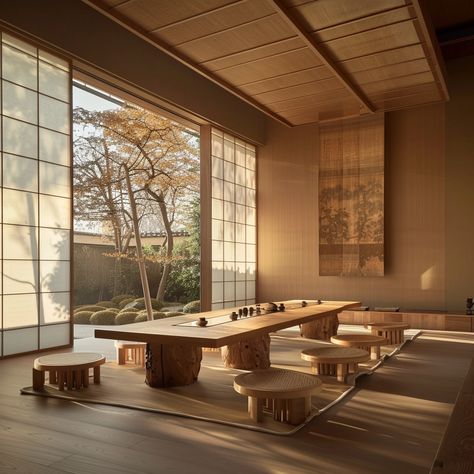 The individual guest area of the teahouse is mainly dark beige, showing a Japanese simple style, with designed log chairs and large floor-to-ceiling windows. Sunlight shines in the room through the windows. It is paired with eight log wood grain chairs and two log wood grain chairs. The table, simple lighting design, and the design look more fresh under the sunlight outside the window --v 6   --style raw Japanese Mansion Interior, Japanese Tea House Interior, Japanese Tea Shop, Tea House Interior, Japanese Mansion, Japanese Tea Table, Tea Area, Japanese Tea Room, Japanese Bath House