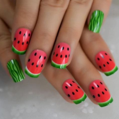 24 Acrylic Press On Nails In Watermelon Fruit Begin With Clean Hands And Nails That Are Dry. Push Cuticles Back If Necessary. Buff Natural Nails With Nail File. Choose Correct Sizes For Each Finger And Lay Out For Quick And Easy Pick Up You Can Also Buff The Inside Of Each Press On Nail For Extra Staying Power. Apply Glue And Press Down And Hold For 20 Seconds Each Nail Watermelon Nail, Watermelon Nail Art, Watermelon Nails, Short Press On Nails, Nails For Kids, Art Summer, Nail Sizes, False Nail, Nails Designs