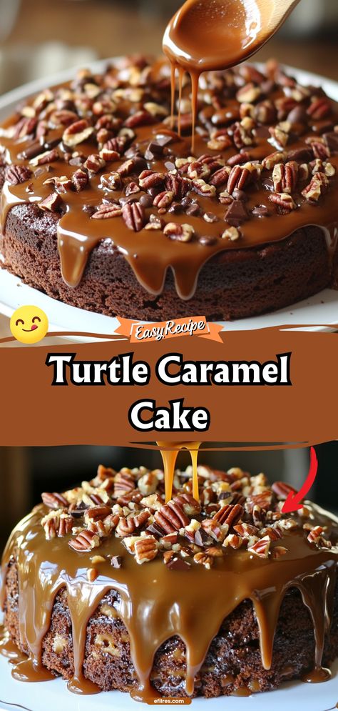 Turtle Caramel Cake Caramel Lava Cake Recipe, Choc Dessert Recipes, 3 Layer Pie, Chocolate Caramel Cream Roll, Caramel Drizzle Cake, Turtle Pound Cake, Chocolate Caramel Pecan Cake, Southern Holiday Desserts, Turtle Caramel Cake Recipes