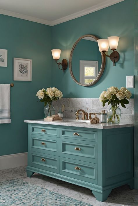 Dive into a soothing coastal bathroom retreat with soft teal shades of Tame Teal (SW 6757). Follow along for daily interior designer routines and décor tips! #Ad #homedecor #homedesign #bathroom #Painthome interiorarchitecture best Wall Colors for Bathroom Colors
Bright Room Colors
best colors combinations bathroom
bathroom Remodeling
Modern Paint Colors
2024 Teal Bathroom Paint Colors, Soft Turquoise Paint Colors, Light Teal Bathroom, Aqua Bathroom Ideas, Bathroom Wall Paint Colors, Teal Bathroom Paint, Bright Bathroom Ideas, Light Aqua Paint, Bathroom Paint Color Schemes