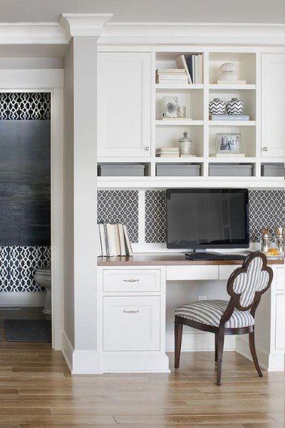 Top 50 Best Built In Desk Ideas - Cool Work Space Designs White Desk Design, Kitchen Desk Areas, Office Tools, Kitchen Desks, Small Space Office, Office Nook, Desk Inspiration, Study Nook, Desk Areas