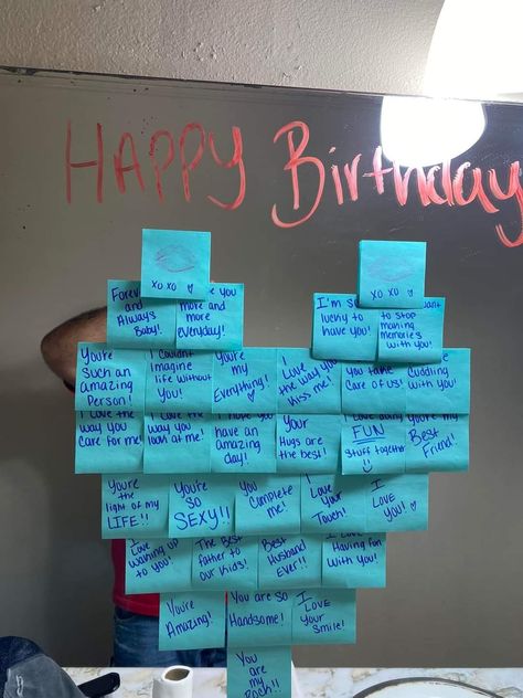 Birthday Surprise For Husband At Home Diy, Husband Bday Decoration Ideas, Hotel Birthday Party Ideas For Boyfriend, Sticky Notes For Boyfriend, Birthday Decor For Husband, Birthday Decoration Ideas For Husband, Decorated Room For Boyfriend Birthday, Birthday For Him Ideas